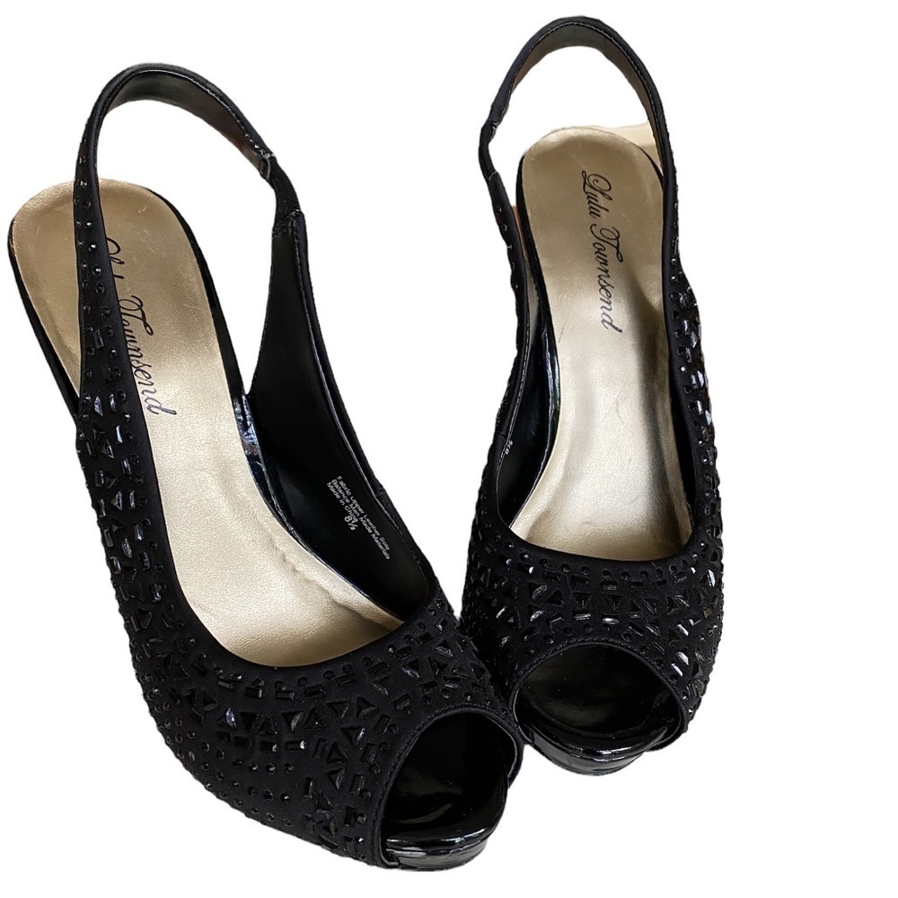 Lulu Townsend Black Upper Leather Black Rhinestone Covered Heels Pumps Size 8.5
